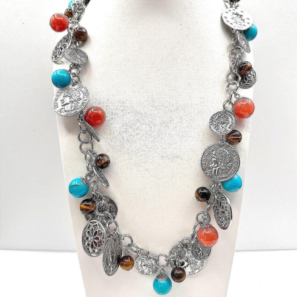 Vintage Y2K Coin Charm Necklace Silver Tone Tigers Eye Beads Turquoise Red Coral